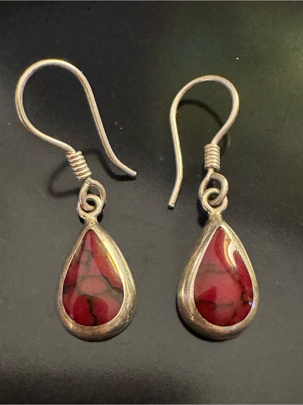 Sterling Silver Red Jasper Turquoise Teardrop Dangle Earrings